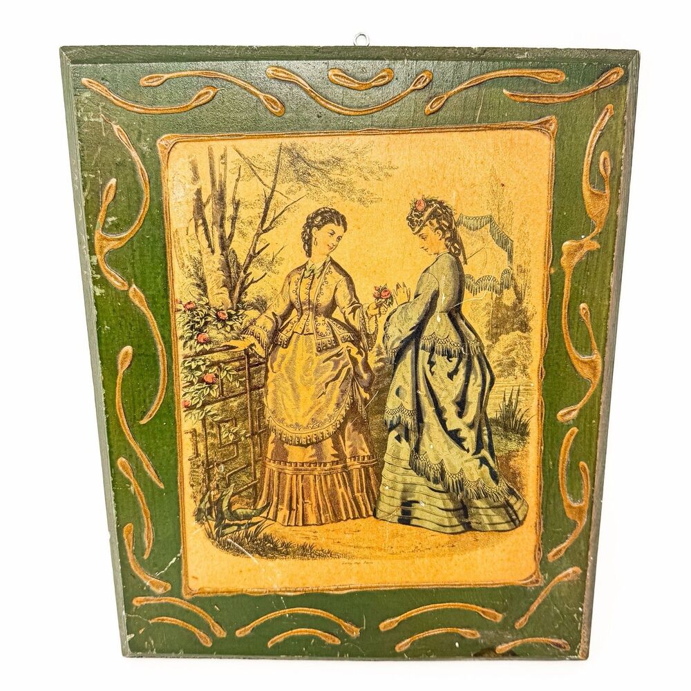 Vintage Folk Art Wood Wall Plaque French Fashion Print Decoupage Green Gold 14”